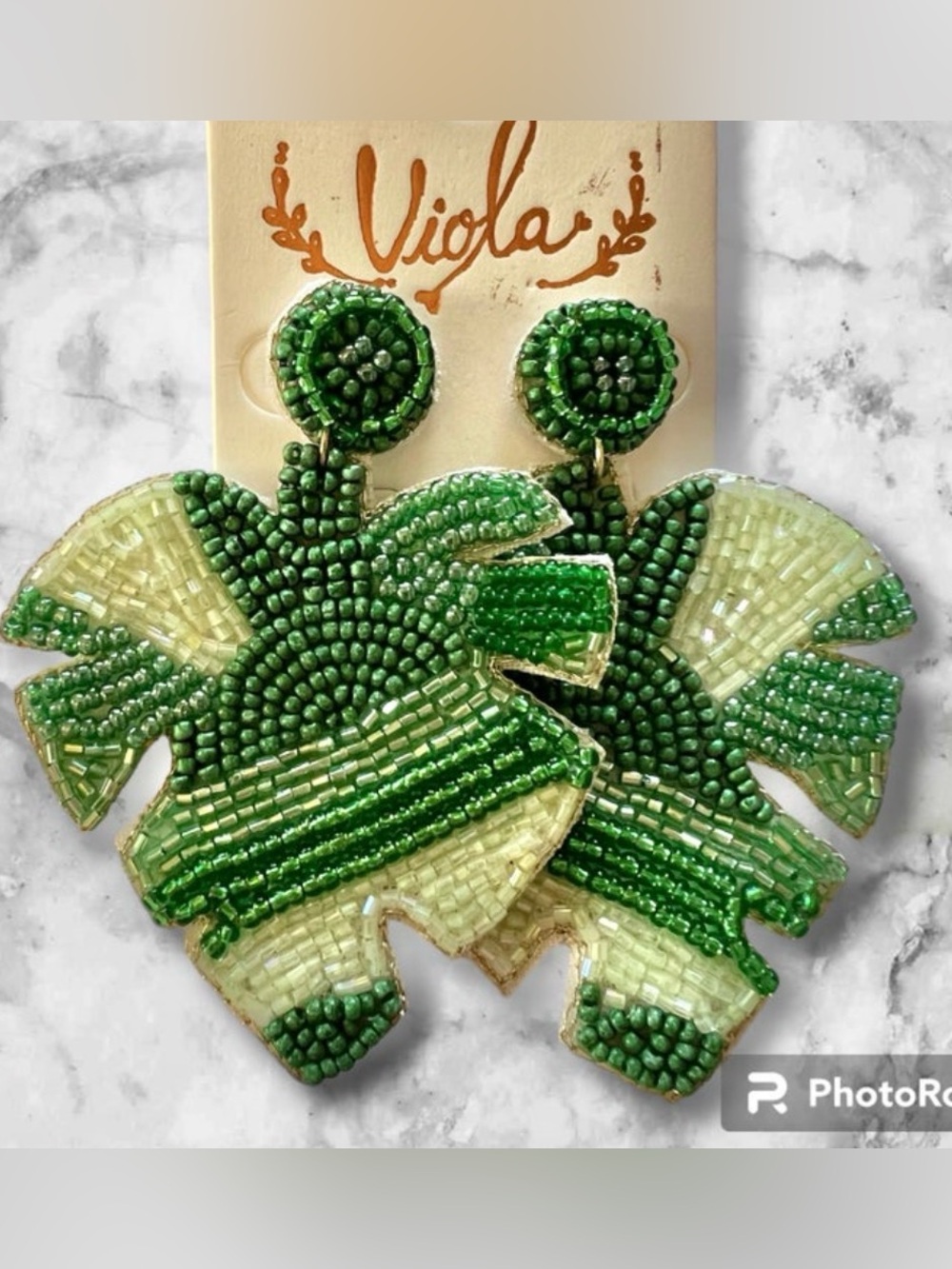 Viola Green Beaded Leaf Dangle Earrings